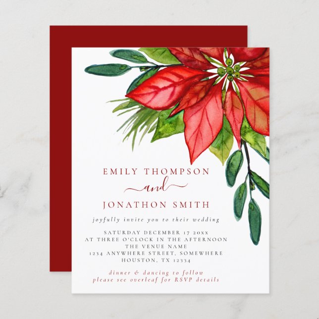 Budget Noël QR Code Poinsettia Mariage Invitation (Devant / Derrière)