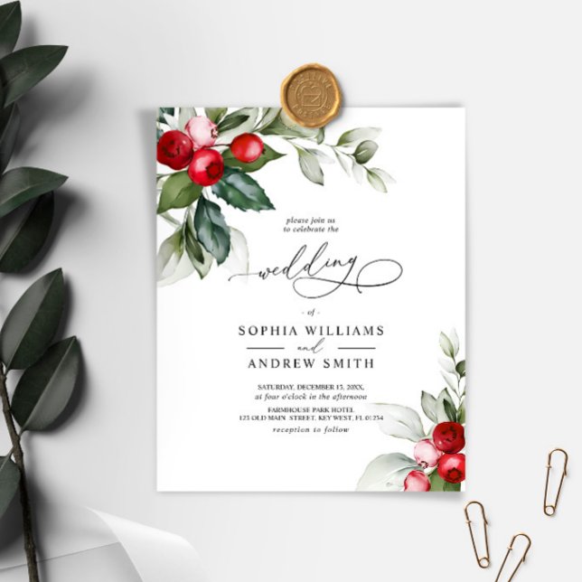 Budget Noël Vert & Berry Faire-part de mariage (Christmas Wedding Invitation)