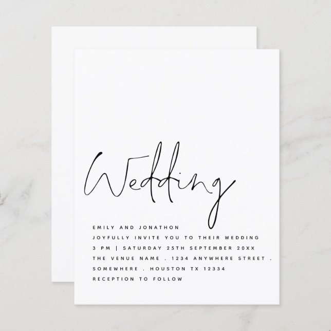 BUDGET Noir Blanc Élégant Script Mariage Invitatio (Devant / Derrière)