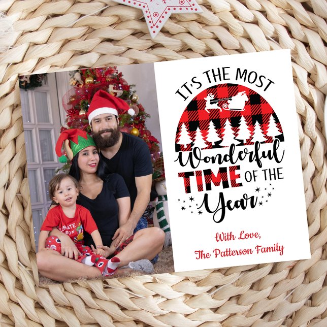 Budget Nom personnalisé Carte photo de Noël (It's The Most Wonderful Time Of The Year, Red & Black, Personalized Christmas Photo Card)