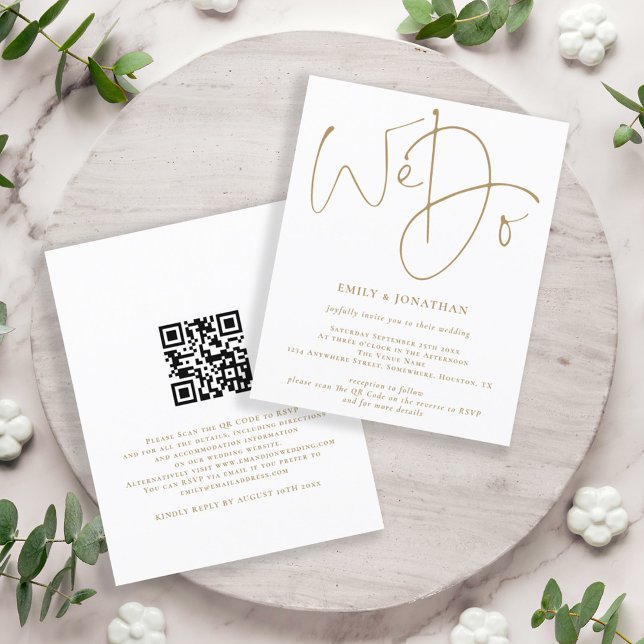 Budget Nous Faisons Gold Script QR Code de Mariage (Front and back view. A smaller size, Budget price value invitation)