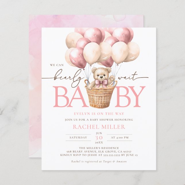 Budget Nous pouvons attendre Pink Baby shower Invi (Devant / Derrière)