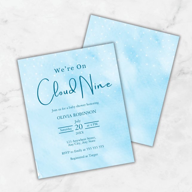 Budget Nous sommes sur Cloud Nine Boy Baby shower  (Budget We're On Cloud 9 Dreamy Sky Blue Boy Baby Shower Invitation )