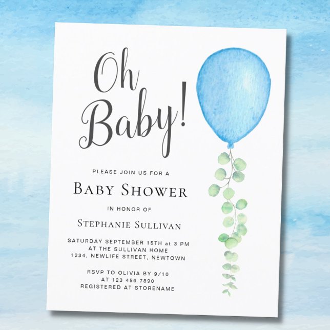 Budget Oh Baby Blue Balloon Baby shower Invitation (Créateur téléchargé)