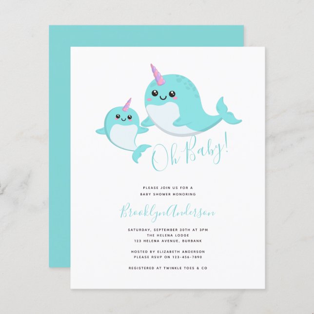 Budget Oh Baby Narwhal Baby shower Invitation (Devant / Derrière)