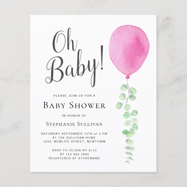 Budget Oh Baby Pink Balloon Baby shower Invitation (Devant)