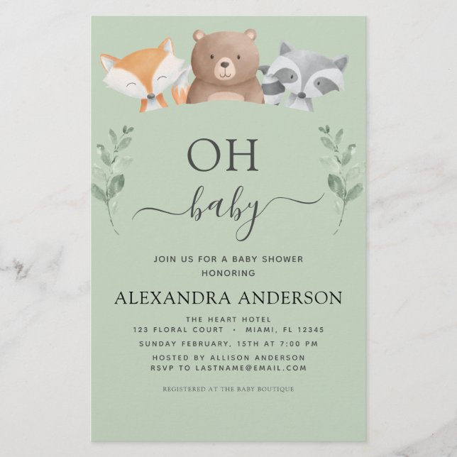 Budget Oh Baby shower Woodland Invitations (Devant)