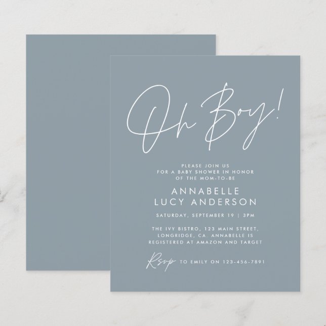 budget oh Boy baby shower script bleu élégant (Devant / Derrière)