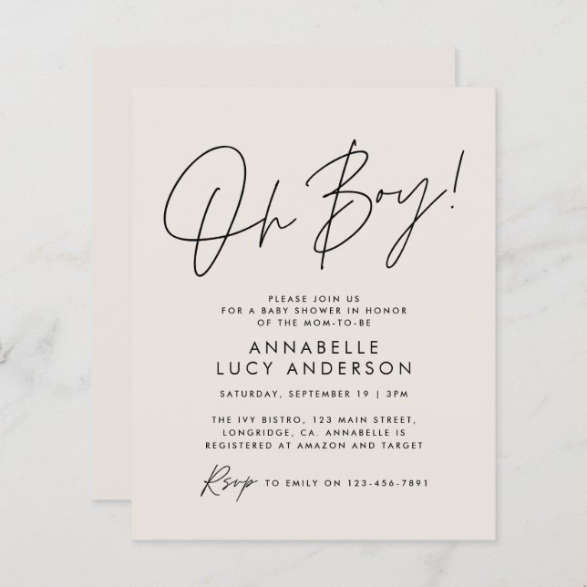 budget oh Boy baby shower script crème neutre (Devant / Derrière)