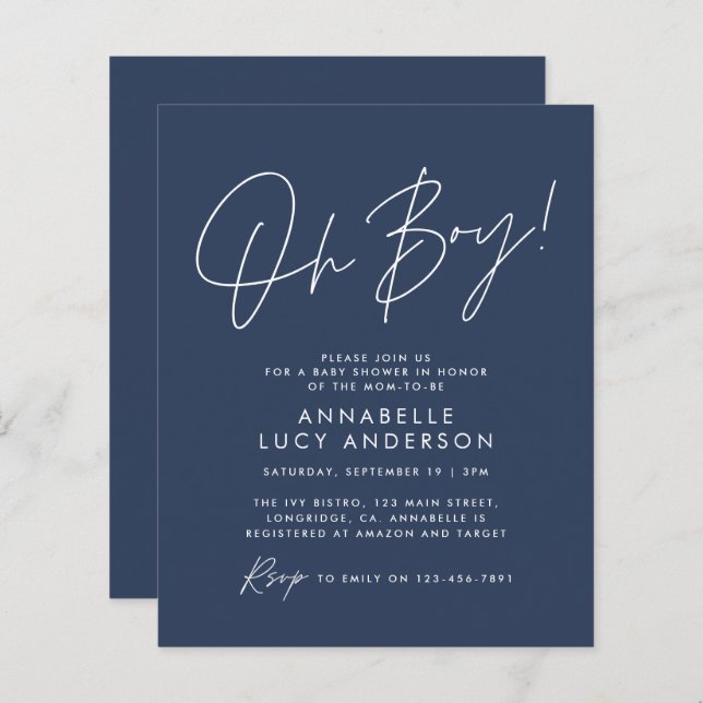 budget oh Boy baby shower script marine bleu (Devant / Derrière)