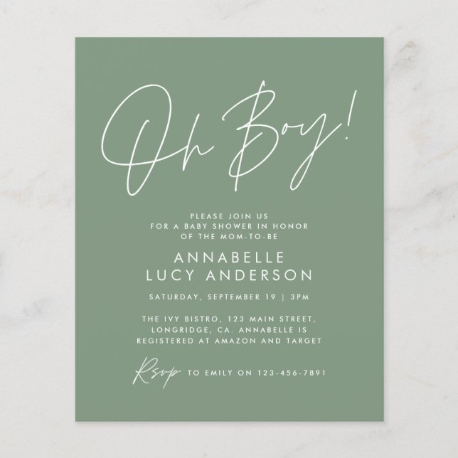 budget oh Boy baby shower script vert élégant (Devant)