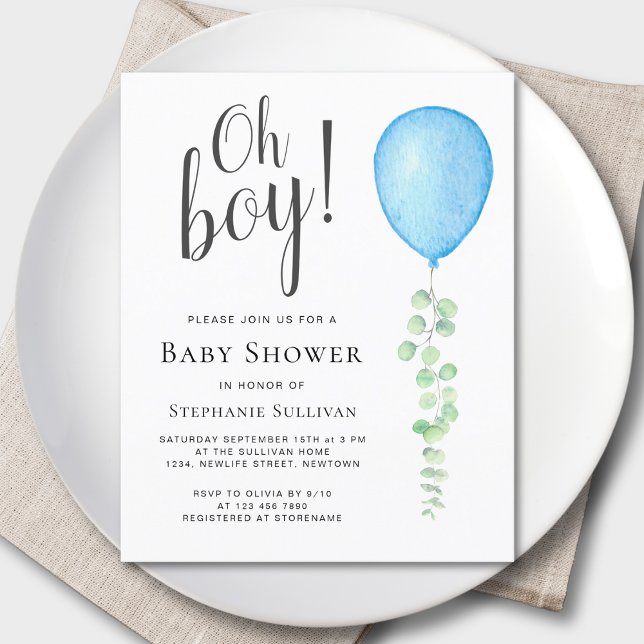 Budget Oh Boy Blue Balloon Baby shower Invitation (Créateur téléchargé)