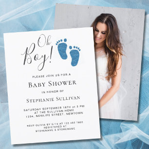 Budget Oh Boy Photo Baby shower bleu Invitation
