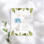 Budget Oh Garçon Aquarelle Baby shower éléphant<br><div class="desc">Un thème petit garçon à petit budget avec un petit éléphant peint à la main tenant un tas de ballons bleus. En haut et en bas de cet invitation, il y a des feuilles tropicaux et de la parties scintillant d'or. "Oh mon garçon !" apparaît dans une fausse lettre en...</div>