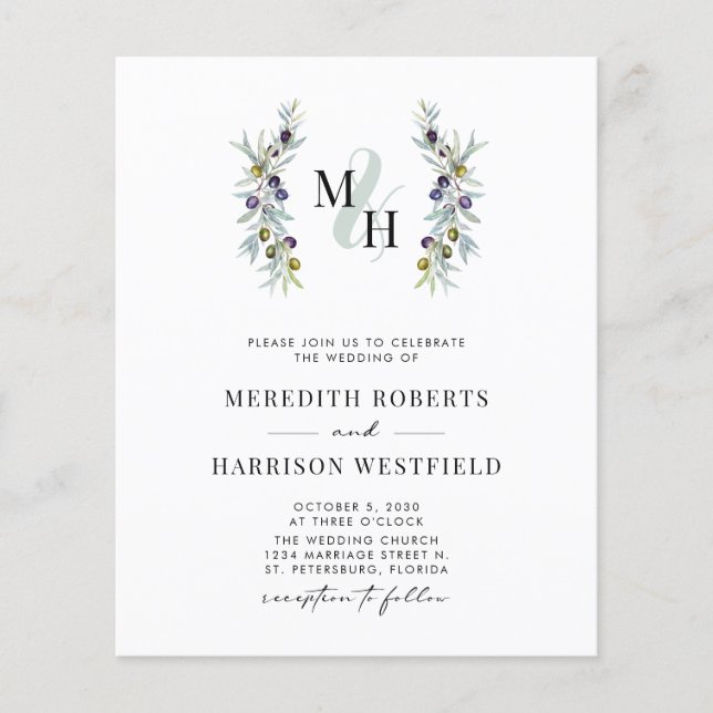 Budget Olive Branch Monogram Mariage Invitation (Devant)