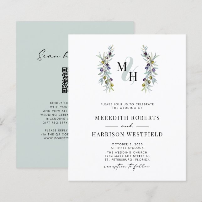 Budget Olive Branch Monogram Mariage Invitation (Devant / Derrière)