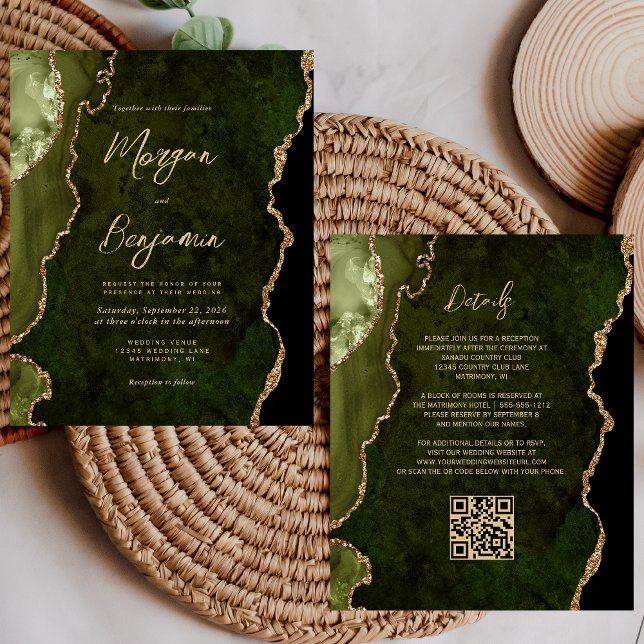 Budget Olive Green Agate Script QR Code Wedding (Créateur téléchargé)