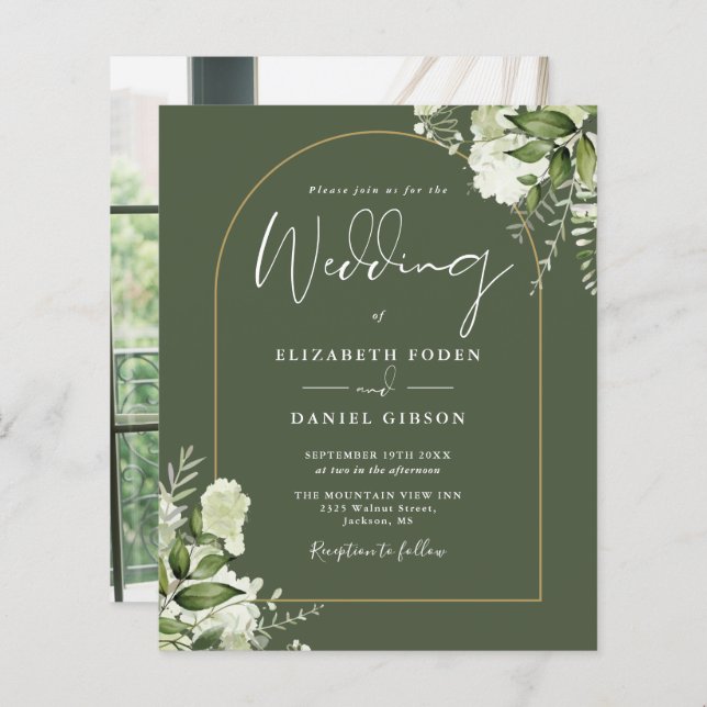 Budget Olive Green Floral Photo Mariage Invitation (Devant / Derrière)