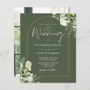 Budget Olive Green Floral Photo Mariage Invitation