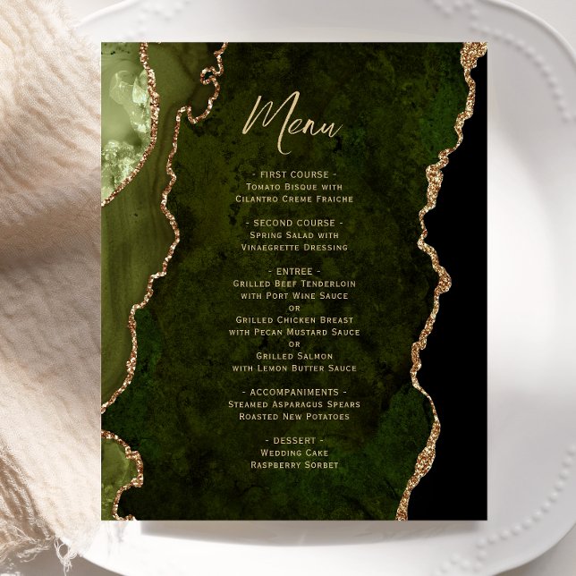 Budget Olive Green Gold Agate Wedding Menu (Créateur téléchargé)