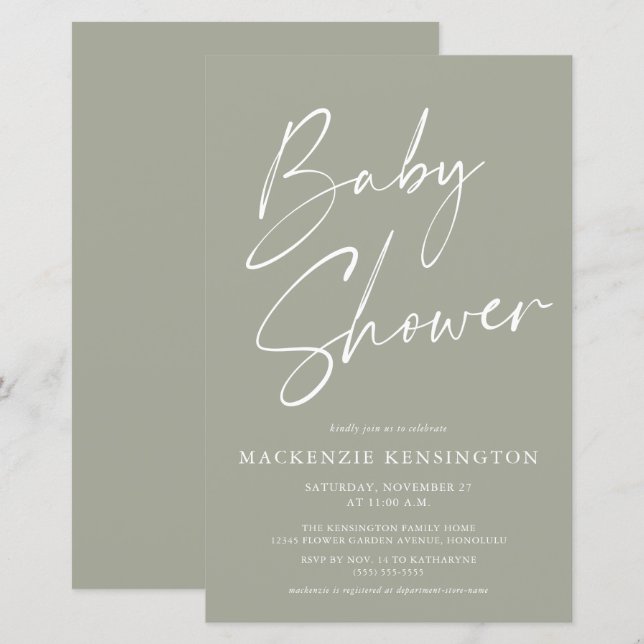Budget Olive Sage Green Baby shower de script simp (Devant / Derrière)