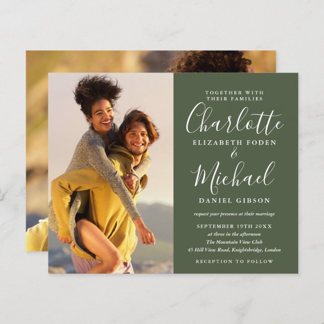 Budget Olive Script Photos Faire-part de mariage (Devant / Derrière)