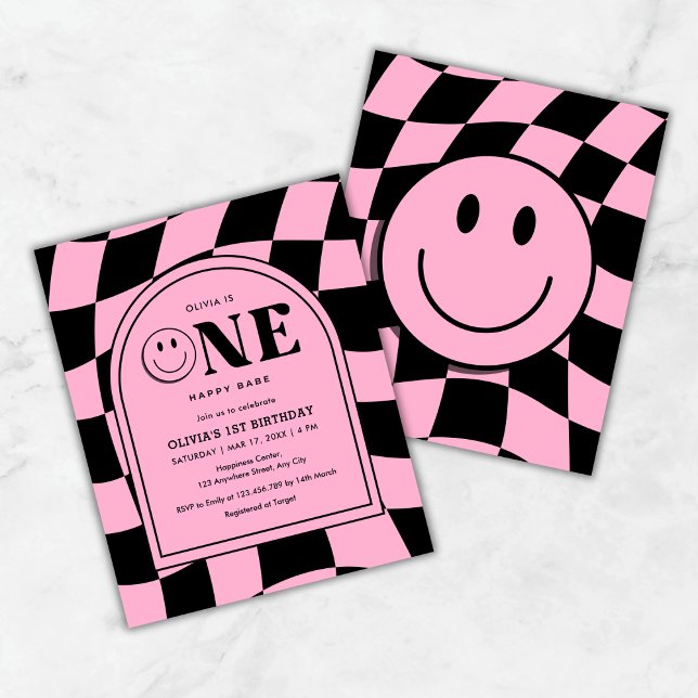 Budget One Happy Babe Pink 1er anniversaire Invita (Budget One Happy Babe Happy Face Pink Girl 1st Birthday Invitation )
