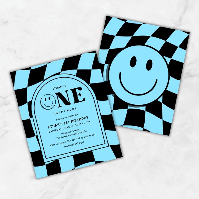 Budget One Happy Dude Blue Boy 1er anniversaire In (Budget One Happy Dude Happy Face Blue Boy 1st Birthday Invitation  )