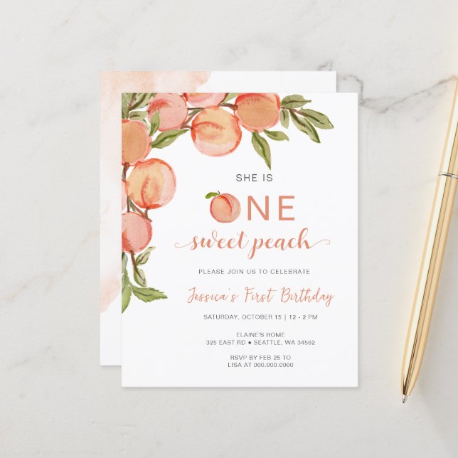 Budget One Sweet Peach First Birthday Invitation (Devant/Arrière en situation)
