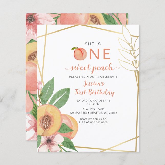 Budget One Sweet Peach First Birthday photo Invite (Devant / Derrière)