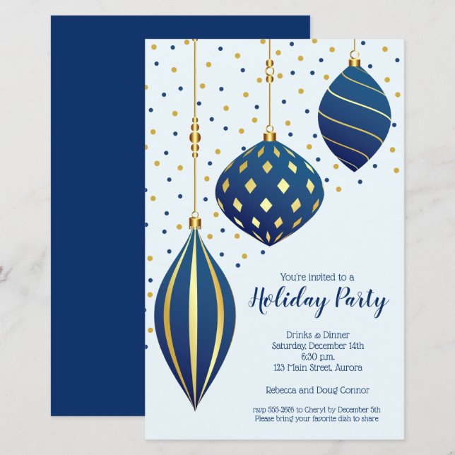 Budget Or Bleu Ornements Noël Invitations (Devant / Derrière)