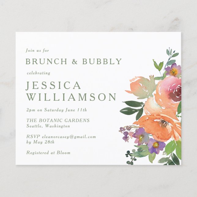Budget Orange Floral Brunch Bubbly Invitation (Devant)