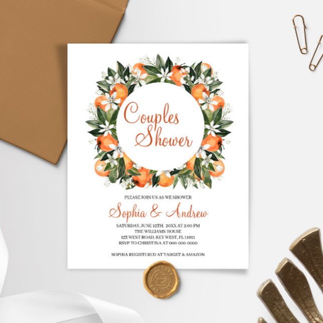 Budget Orange Floral Couples Douche Invitation (Créateur téléchargé)