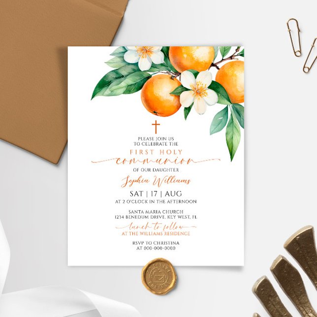 Budget Orange Floral First Communion Invitation (Créateur téléchargé)