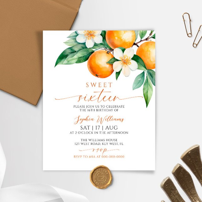 Budget Orange Floral Sweet 16 Anniversaire Invitat (Créateur téléchargé)