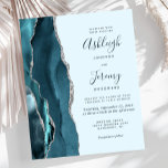 Budget Pale Turquoise Argent Agate Faire-part de m<br><div class="desc">Le bord gauche de cette élégante faire-part de mariage moderne est doté d'une bordure turquoise en aquarelle bleue ornée d'une parties scintillant en faux argent. Le texte personnalisable combine écriture manuscrite, copperplate et polices italiques en turquoise foncé sur un arrière - plan turquoise pâle. L'envers présente un design turquoise et...</div>