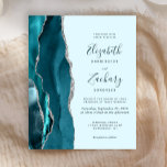 Budget Pale Turquoise Argent Agate Faire-part de m<br><div class="desc">Le bord gauche de cette élégante faire-part de mariage moderne est doté d'une bordure turquoise en aquarelle bleue ornée d'une parties scintillant en faux argent. Le texte personnalisable combine écriture manuscrite, copperplate et polices italiques en turquoise foncé sur un arrière - plan turquoise pâle. L'envers présente un design turquoise et...</div>