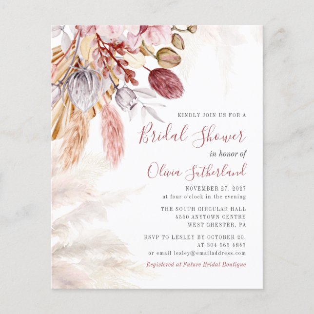 Budget Pampas Grass Bridal Show Invitation (Devant)