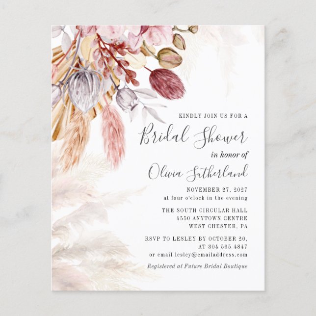 Budget Pampas Grass Bridal Show Invitation (Devant)
