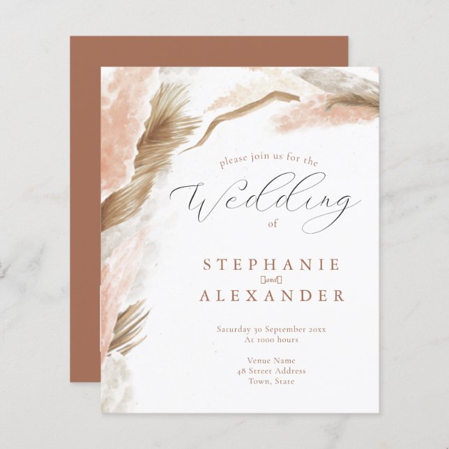 Budget Pampas Grass Terracotta QR Wedding Invitati (Devant / Derrière)