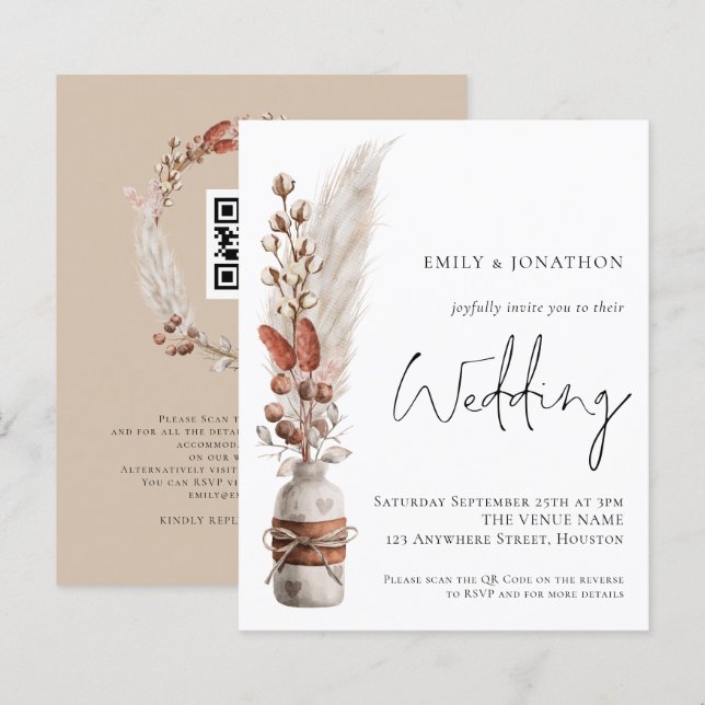 Budget Pampas Grasses QR Code Faire-part de mariag (Devant / Derrière)