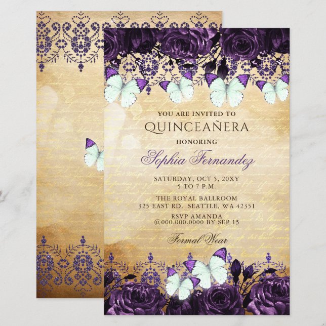 Budget Papillon pourpre Quinceañera Invitation (Devant / Derrière)