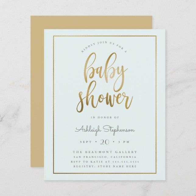 Budget Pastel Blue Gold Typographie Baby shower ga (Devant / Derrière)