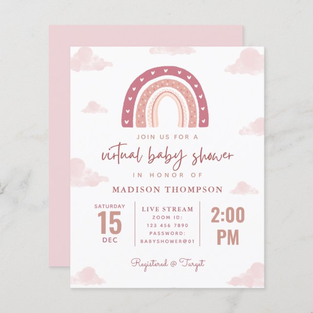 Budget Pastel Pink Rainbow Baby shower virtuel (Devant / Derrière)