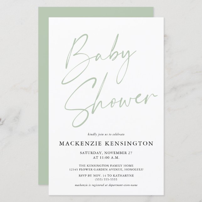 Budget Pastel Sage Green Simple Script Baby shower (Devant / Derrière)