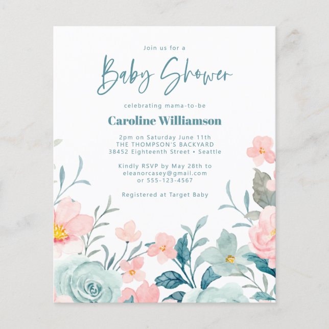 Budget Pastel Turquoise rose Baby shower Floral In (Devant)