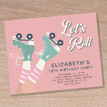 Budget Patinage à roulettes Invitation de fête d'a<br><div class="desc">Invitation à la fête d'anniversaire pour le patinage à rouleaux pour n'importe quel âge avec "Let's Roll !" dans un script blanc et une illustration d'inspiration rétro de patins à rouleaux turquoises sur une fille portant des chaussettes à tube à rayures roses. Ajoutez son nom et son année d'anniversaire dans...</div>