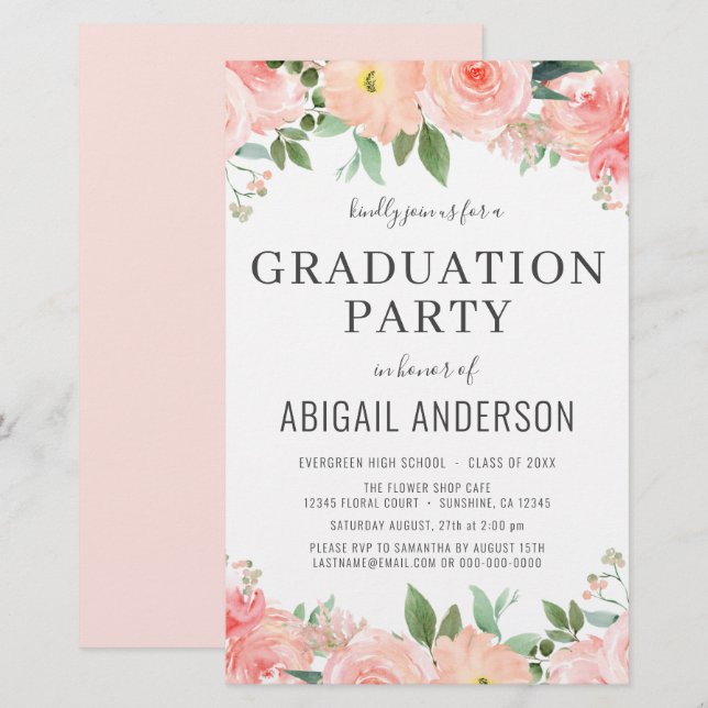 Budget Peach Coral Floral Graduation Invitation (Devant / Derrière)