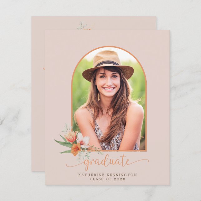 Budget Peach Floral Boho Arch Invitation (Devant / Derrière)