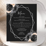 Budget Peach Floral Silver Geo Black Mariage Menu<br><div class="desc">Cet élégant menu mariage moderne présente un cadre géométrique argenté décoré de bouquets de pêche,  de fleurs noires et argentées sur un arrière - plan noir. Le texte personnalisable combine écriture fantaisie gris argenté,  cuivre et polices italiques. L'envers est noir solide.</div>
